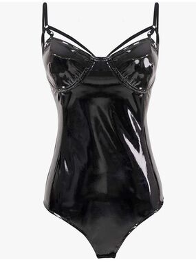 One Piece Halter Sexy Wet Look Leather Leotard Bodysuit in Black Tuzi Sz. Small